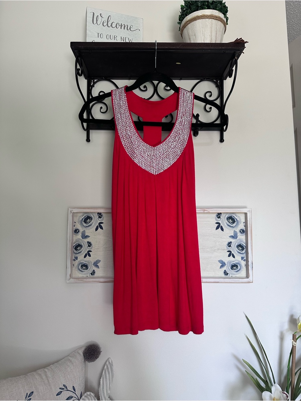 Red Tank Top with Sequin Neckline and back